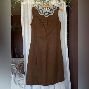 Vintage 1950s Brown Embroidered Collar Cocktail Dress